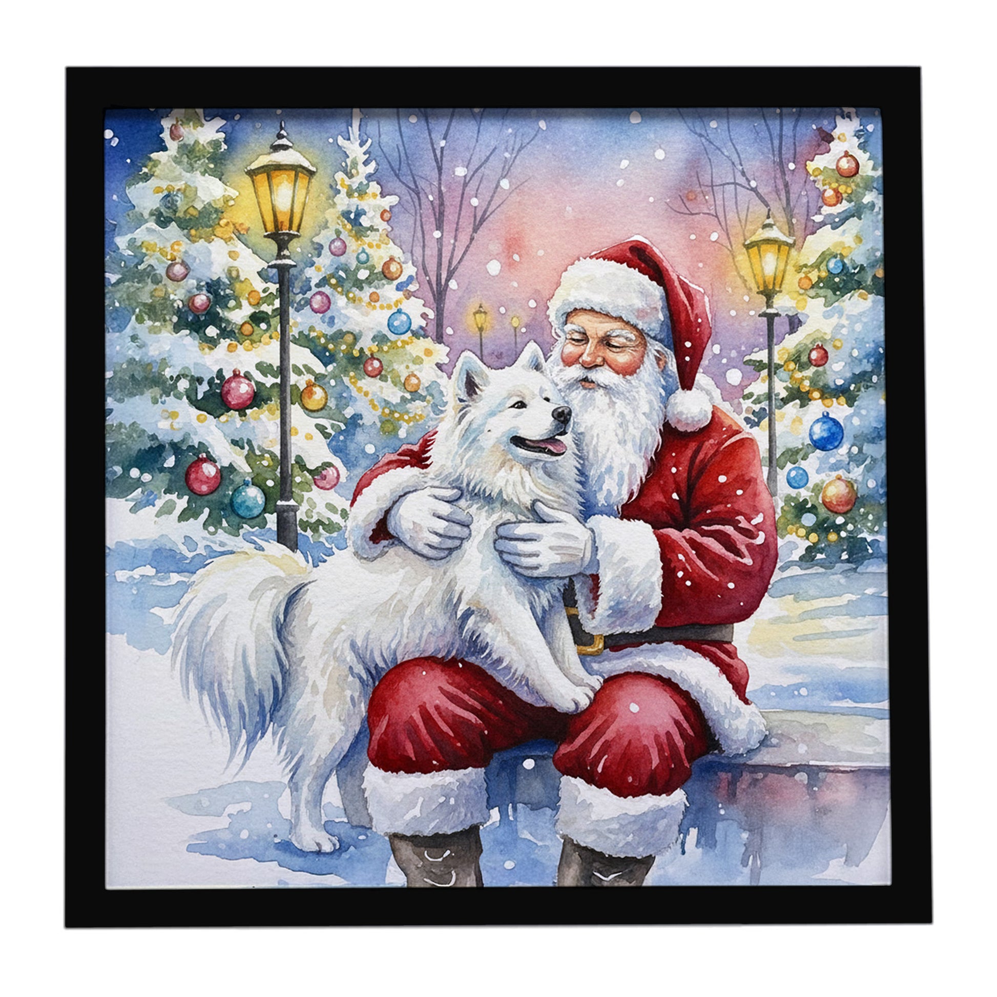 Buy this Samoyed with Santa Claus Framed Metal Print