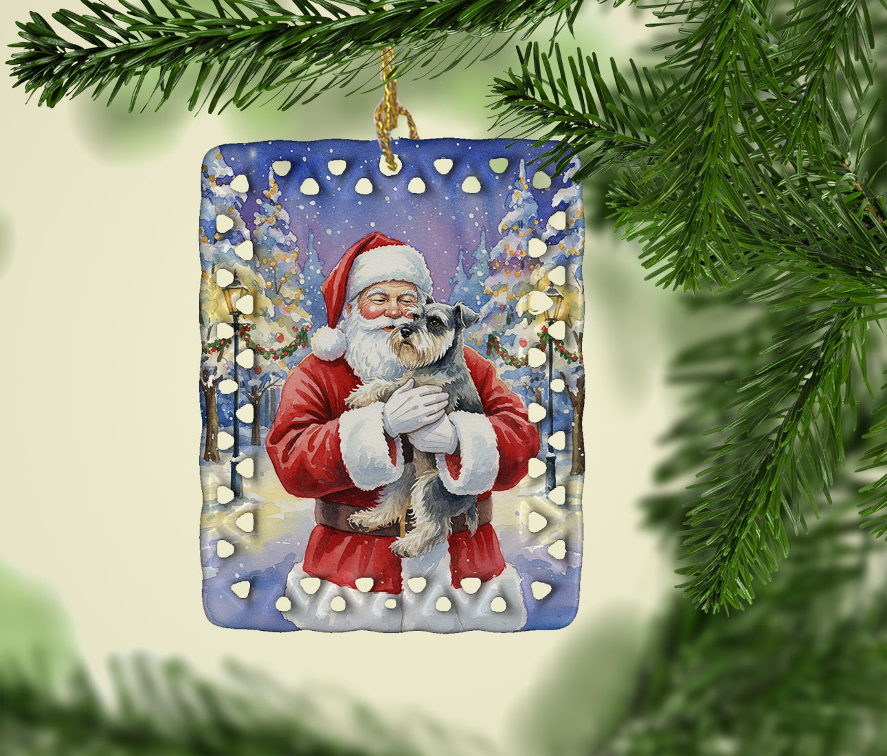 Schnauzer with Santa Claus Porcelain Ornament