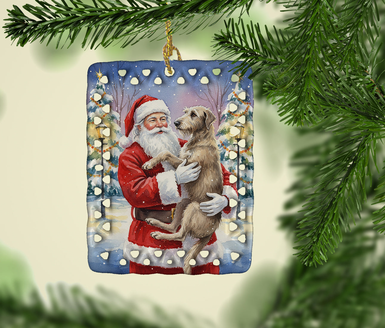 Scottish Deerhound with Santa Claus Porcelain Ornament