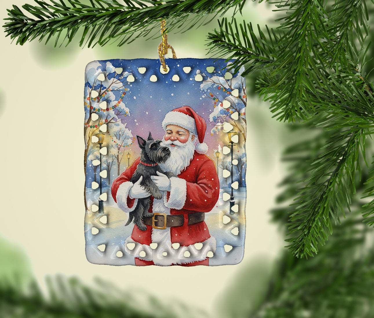 Scottish Terrier with Santa Claus Porcelain Ornament