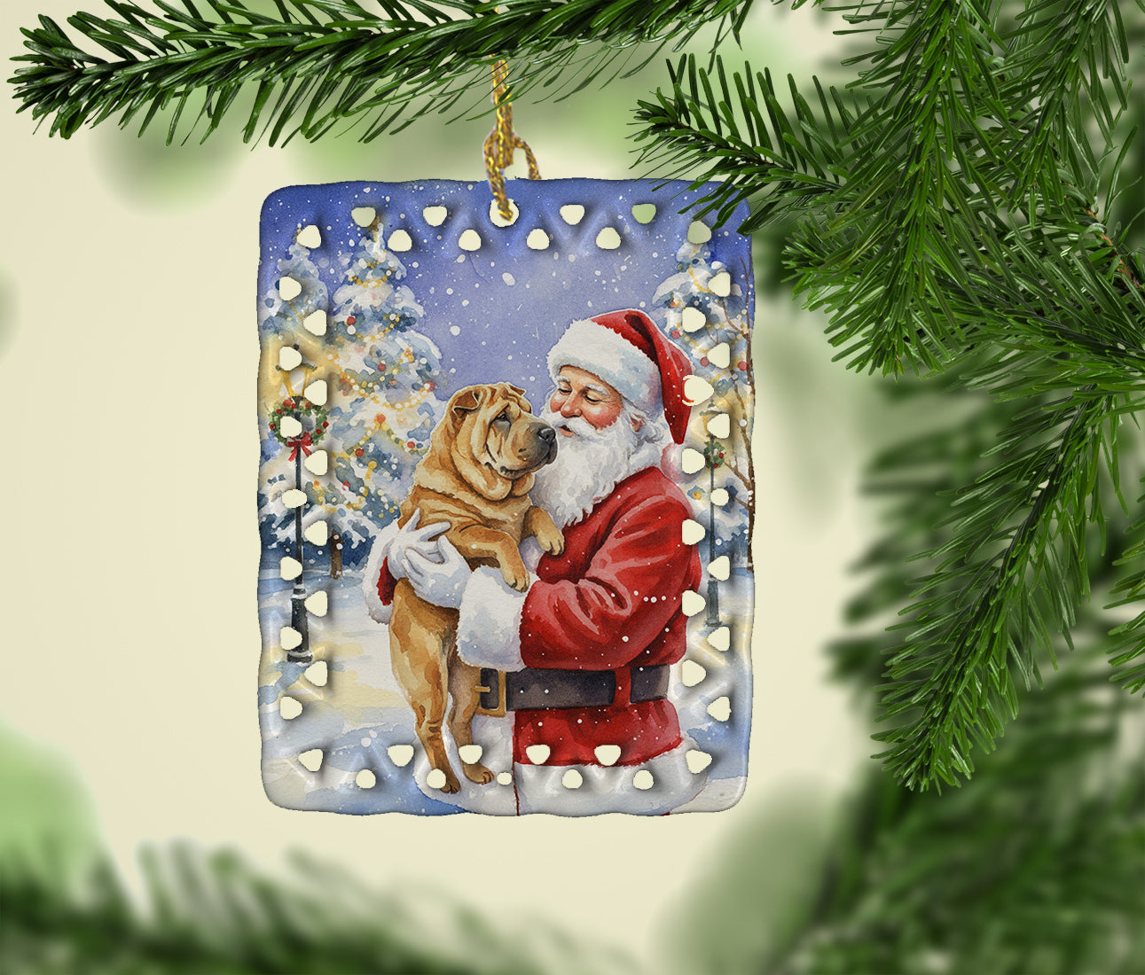 Shar Pei with Santa Claus Porcelain Ornament