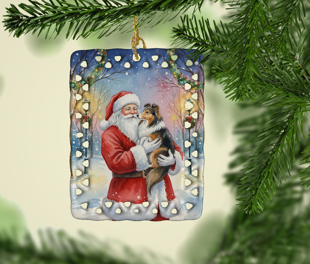 Sheltie with Santa Claus Porcelain Ornament