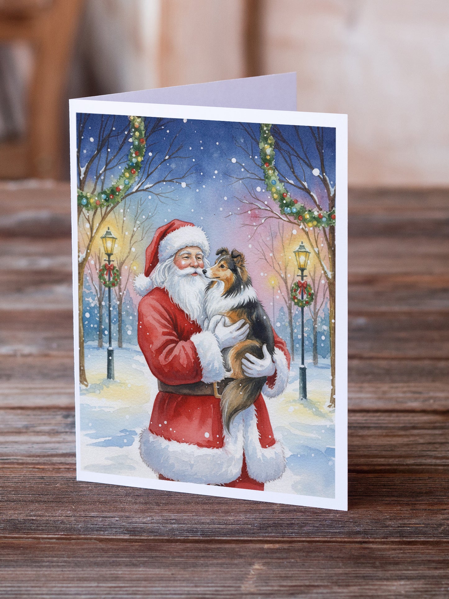 Sheltie with Santa Claus Greeting Cards Pack of 8