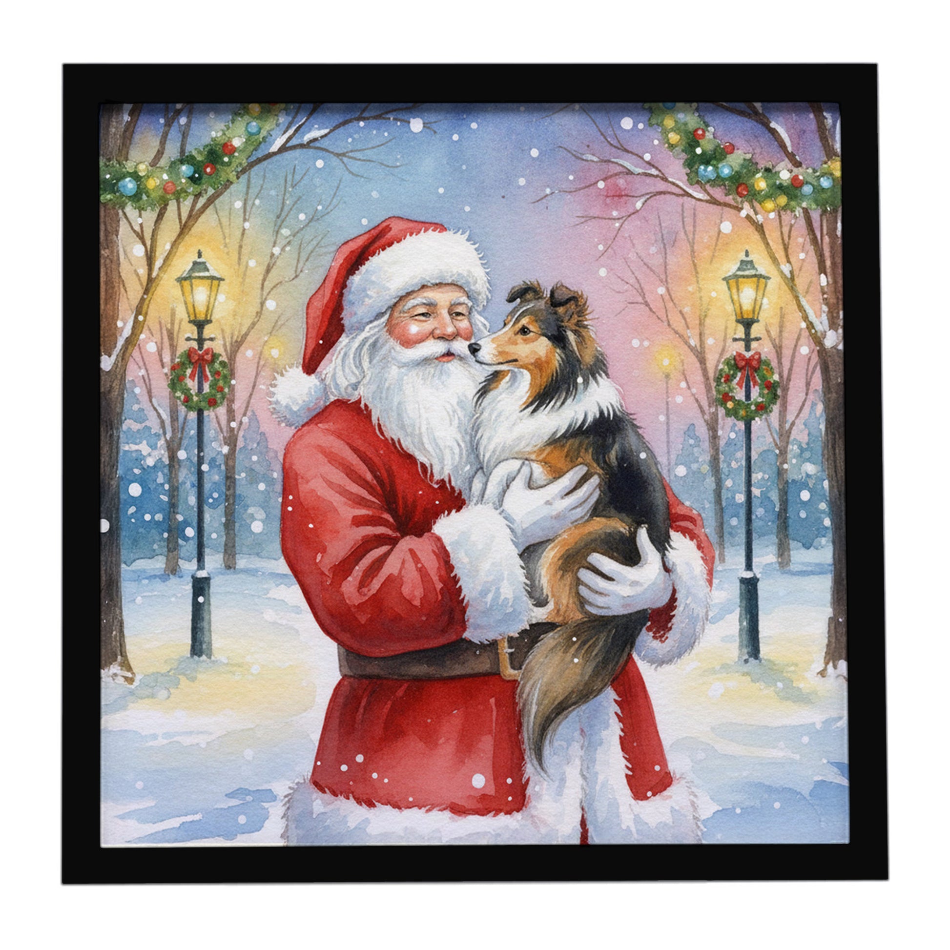 Buy this Sheltie with Santa Claus Framed Metal Print