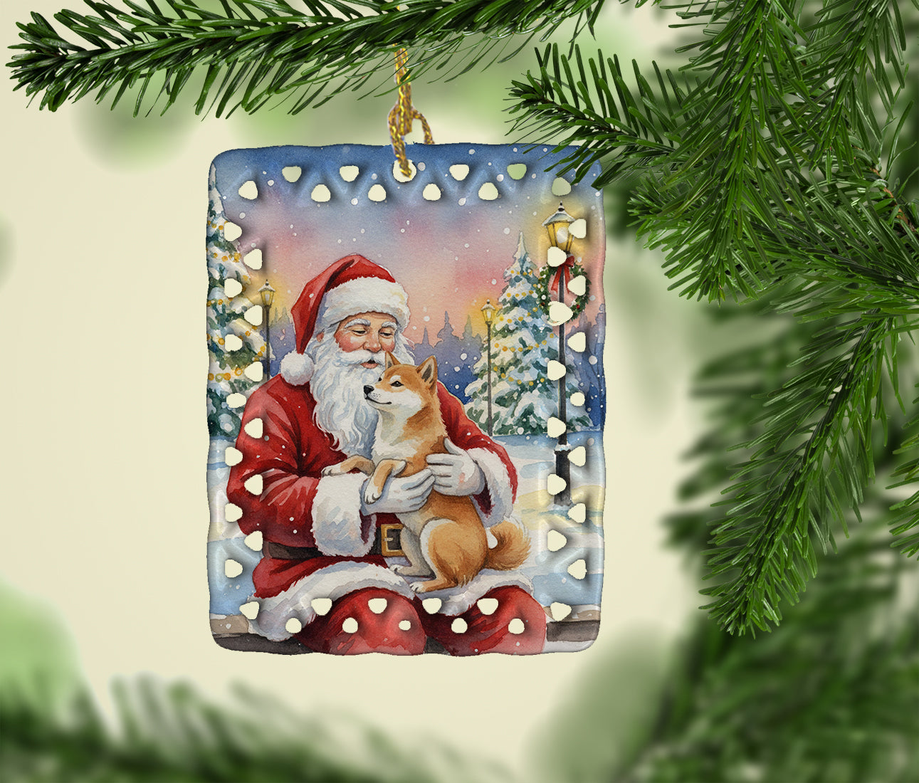 Shiba Inu with Santa Claus Porcelain Ornament