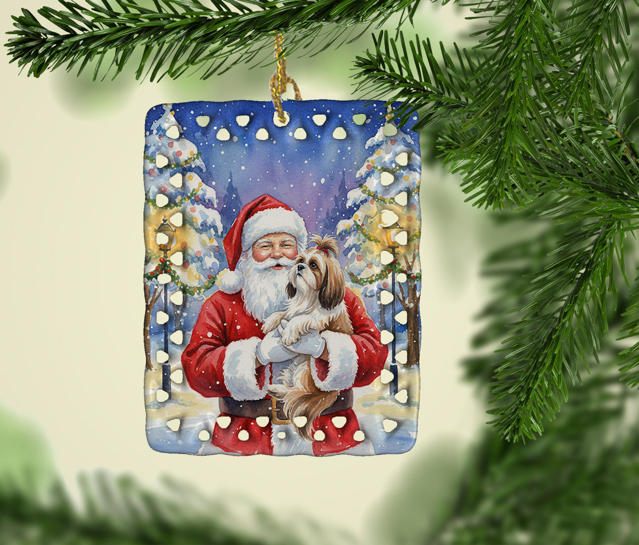 Shih Tzu with Santa Claus Porcelain Ornament