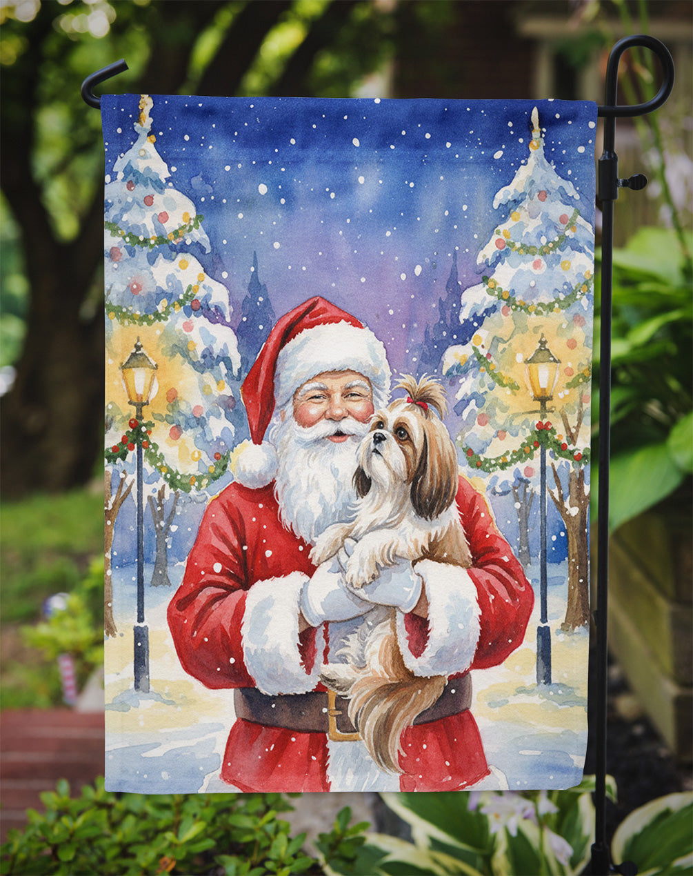 Shih Tzu with Santa Claus Garden Flag