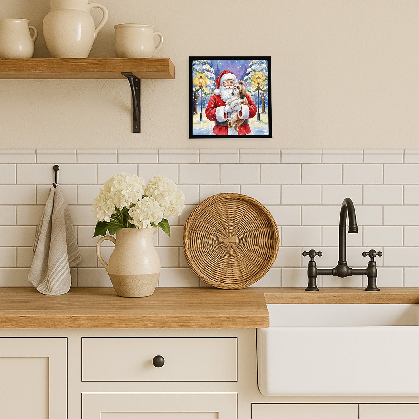Shih Tzu with Santa Claus Framed Metal Print