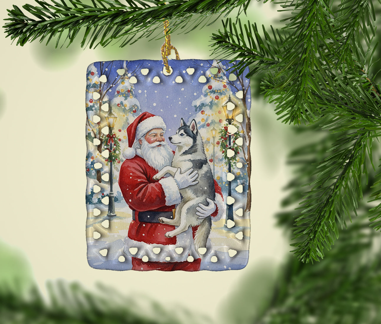 Siberian Husky with Santa Claus Porcelain Ornament