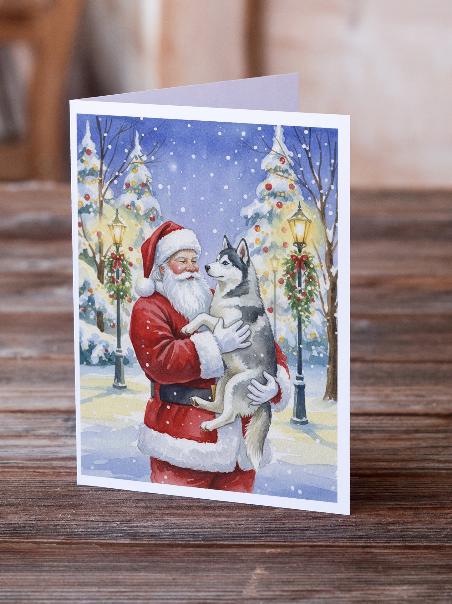 Siberian Husky with Santa Claus Greeting Cards Pack of 8