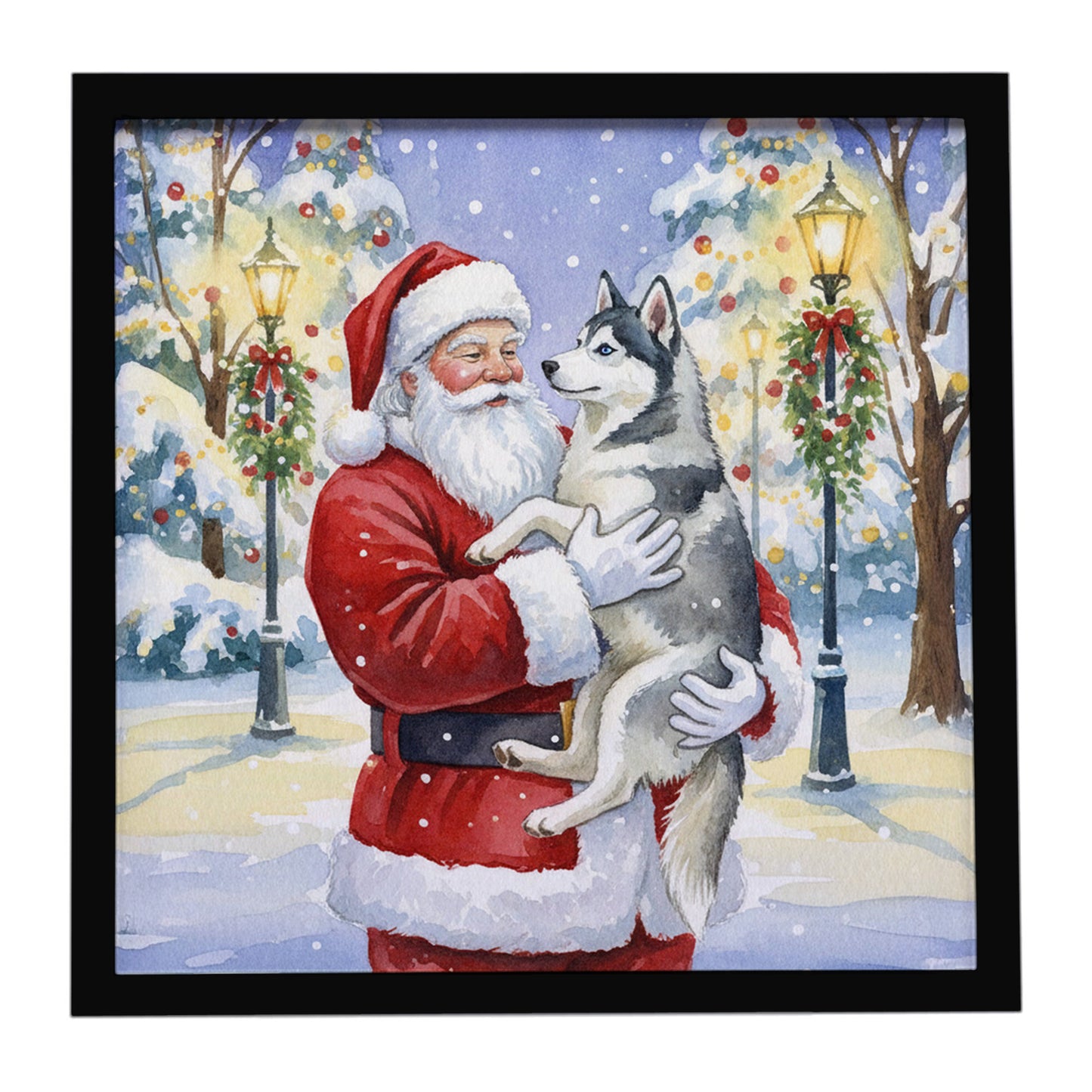 Buy this Siberian Husky with Santa Claus Framed Metal Print