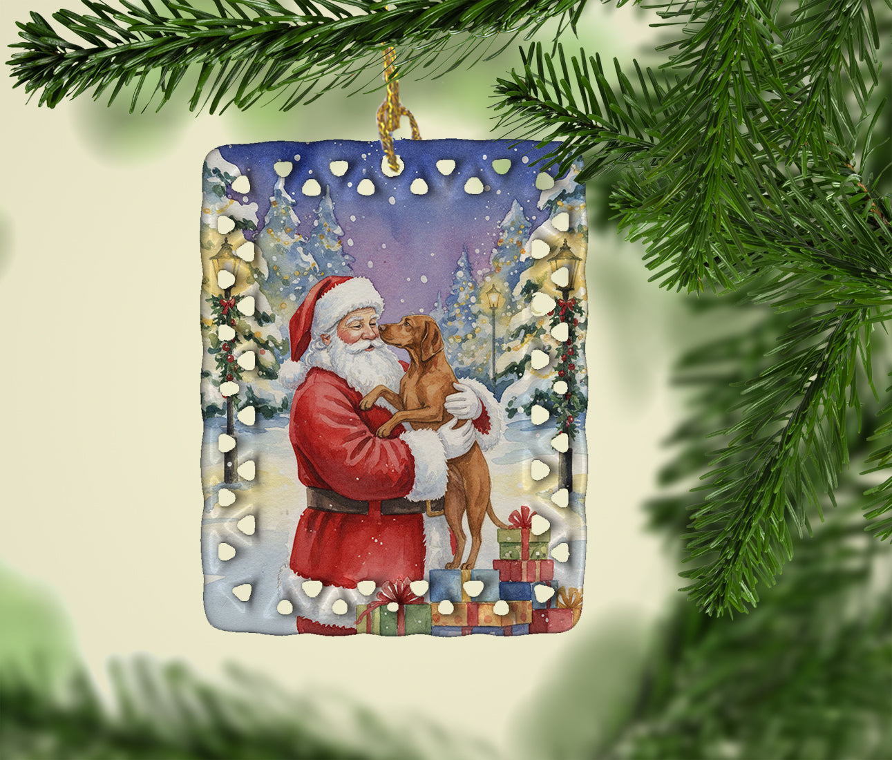 Vizsla with Santa Claus Porcelain Ornament
