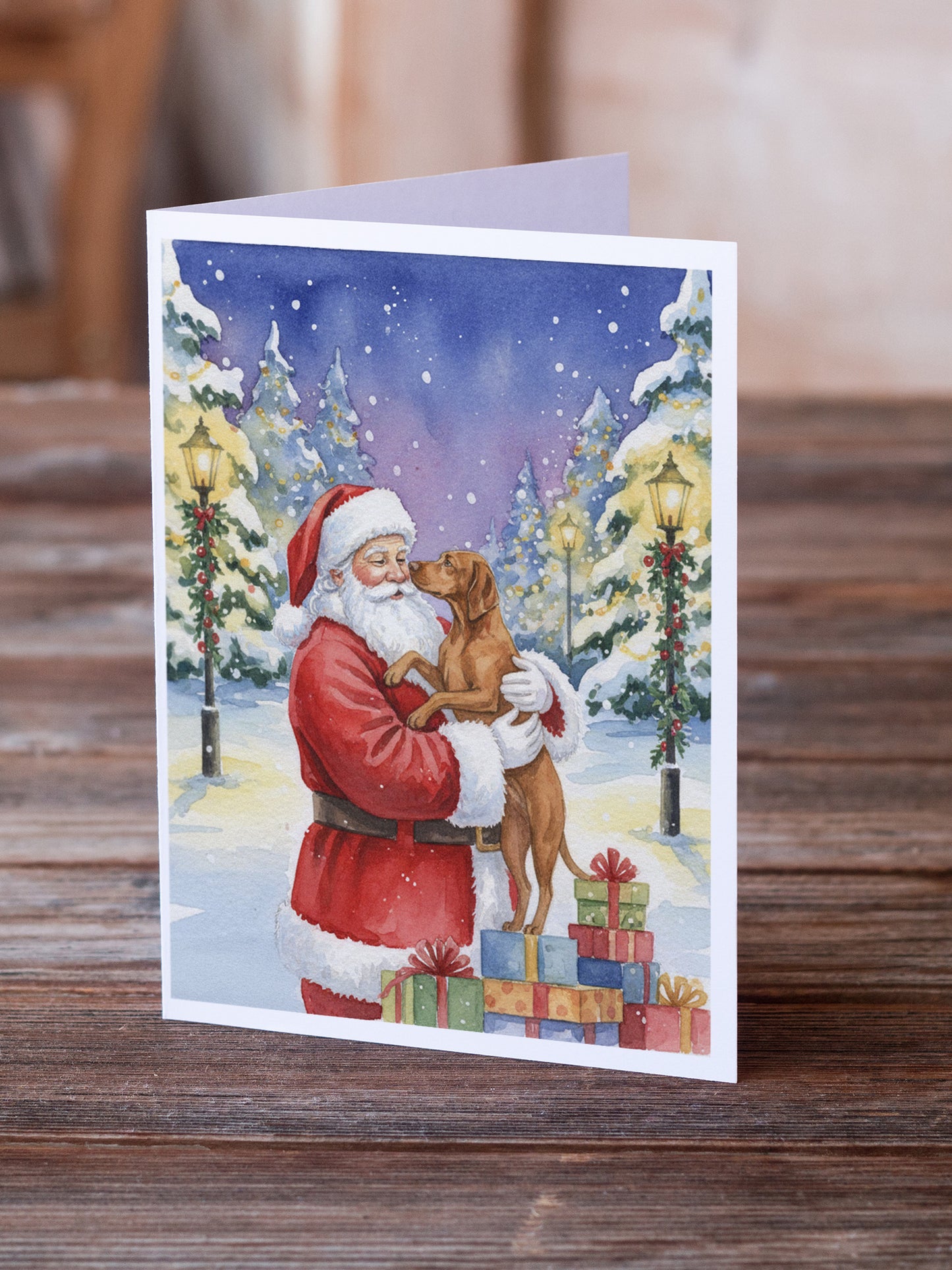 Vizsla with Santa Claus Greeting Cards Pack of 8