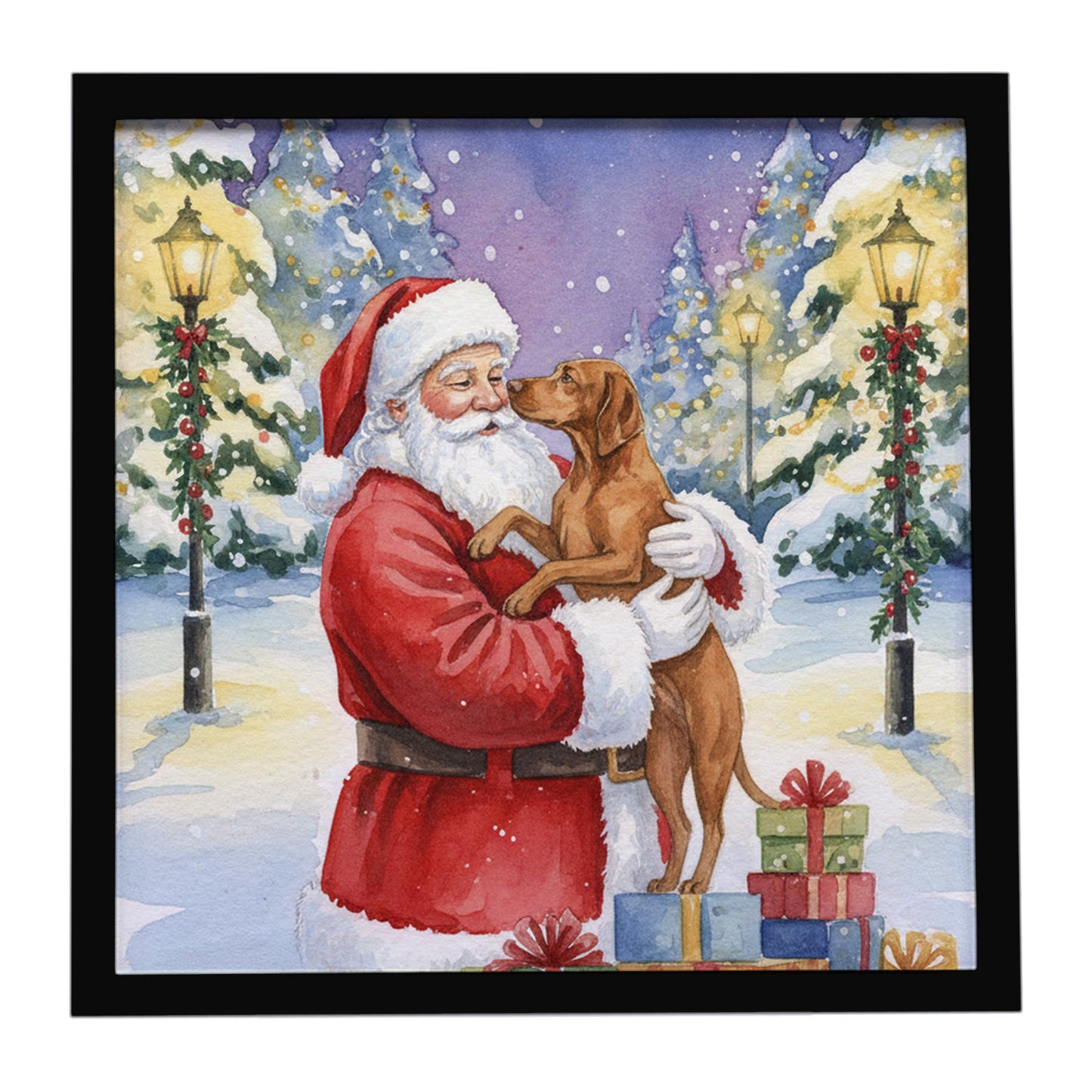 Buy this Vizsla with Santa Claus Framed Metal Print