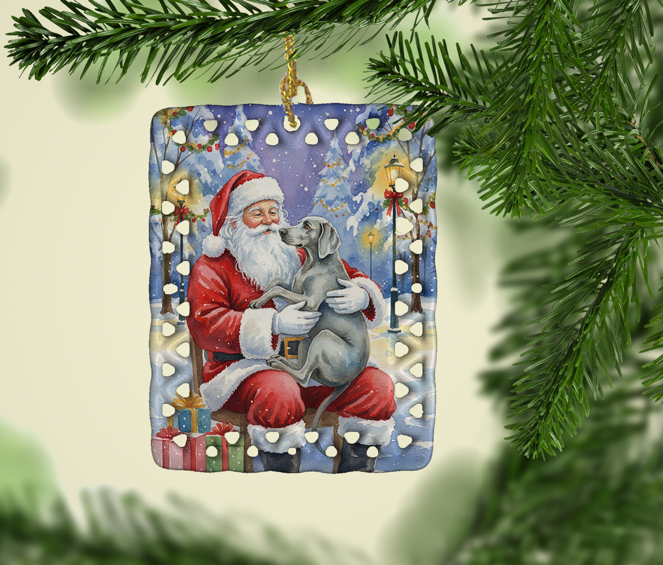 Weimaraner with Santa Claus Porcelain Ornament