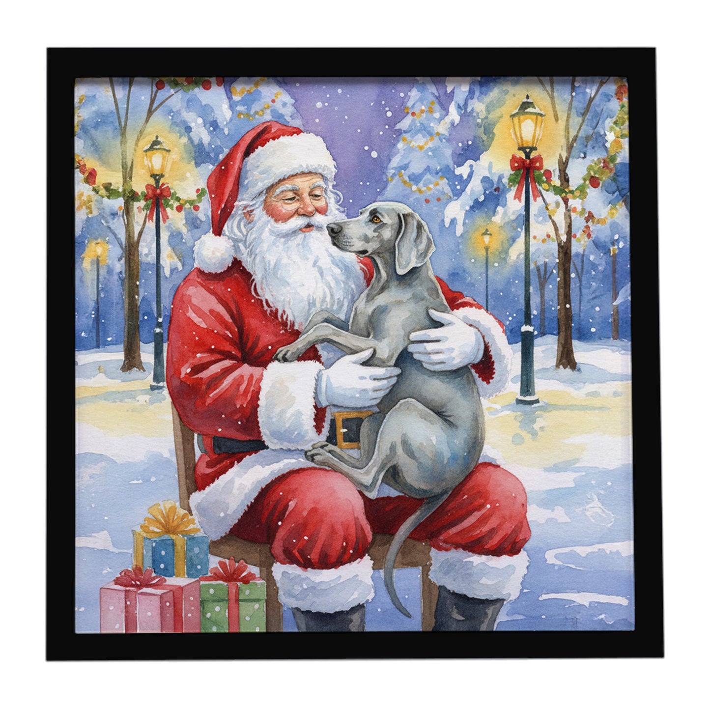 Buy this Weimaraner with Santa Claus Framed Metal Print