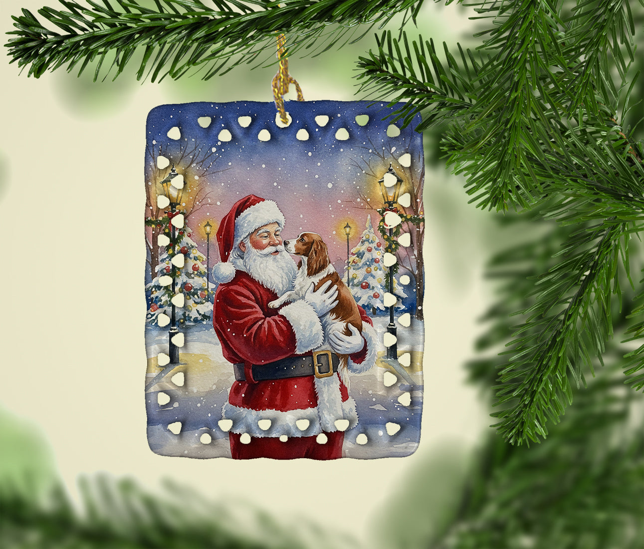 Welsh Springer Spaniel with Santa Claus Porcelain Ornament