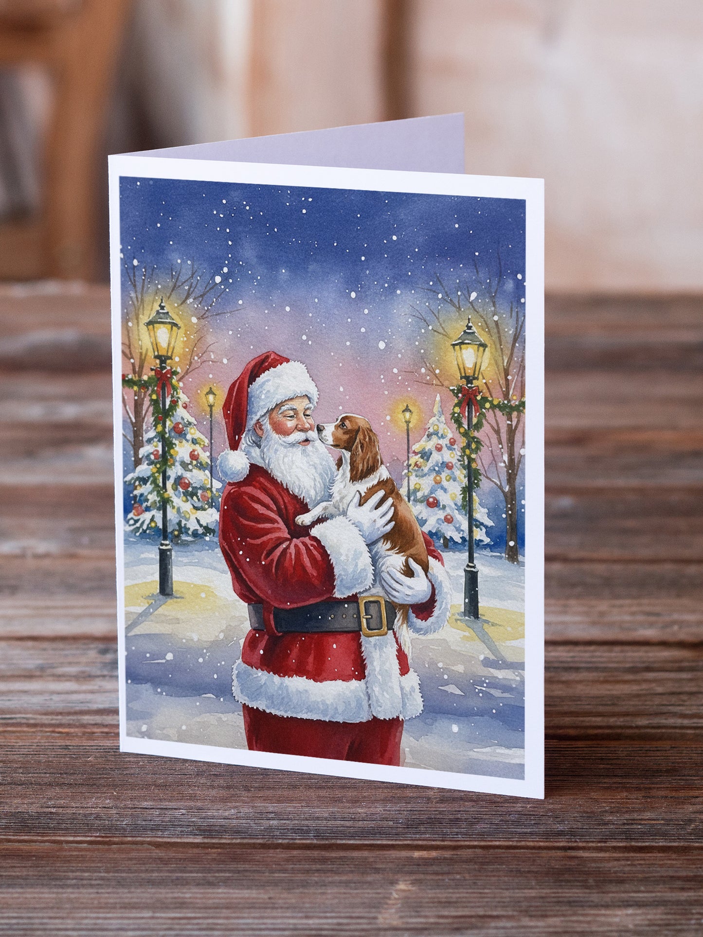 Welsh Springer Spaniel with Santa Claus Greeting Cards Pack of 8