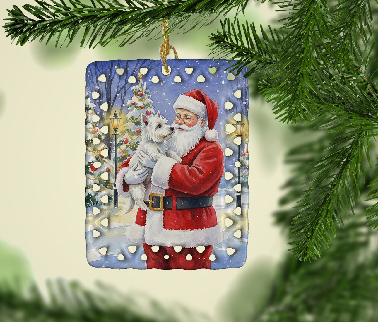 Westie with Santa Claus Porcelain Ornament