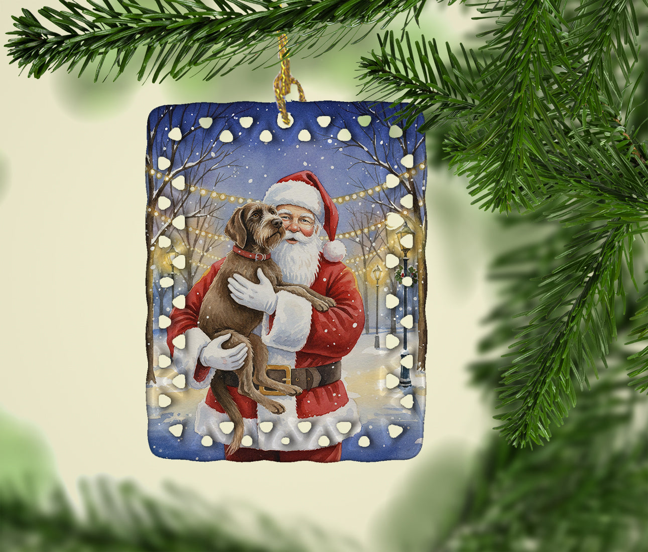 Wirehaired Pointing Griffon with Santa Claus Porcelain Ornament
