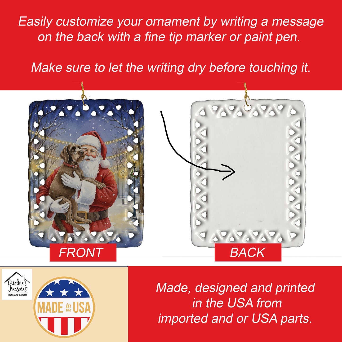 Wirehaired Pointing Griffon with Santa Claus Porcelain Ornament