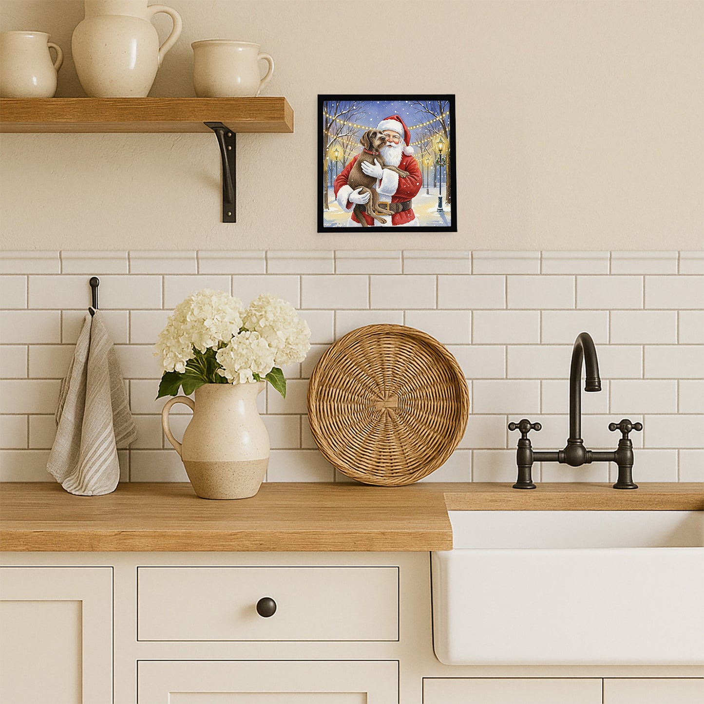 Wirehaired Pointing Griffon with Santa Claus Framed Metal Print