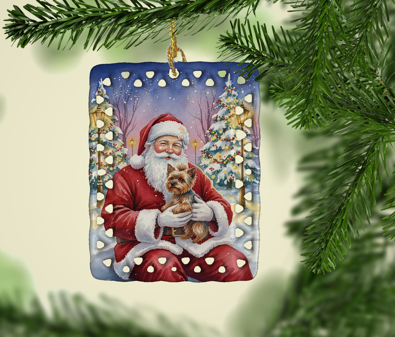 Yorkshire Terrier with Santa Claus Porcelain Ornament