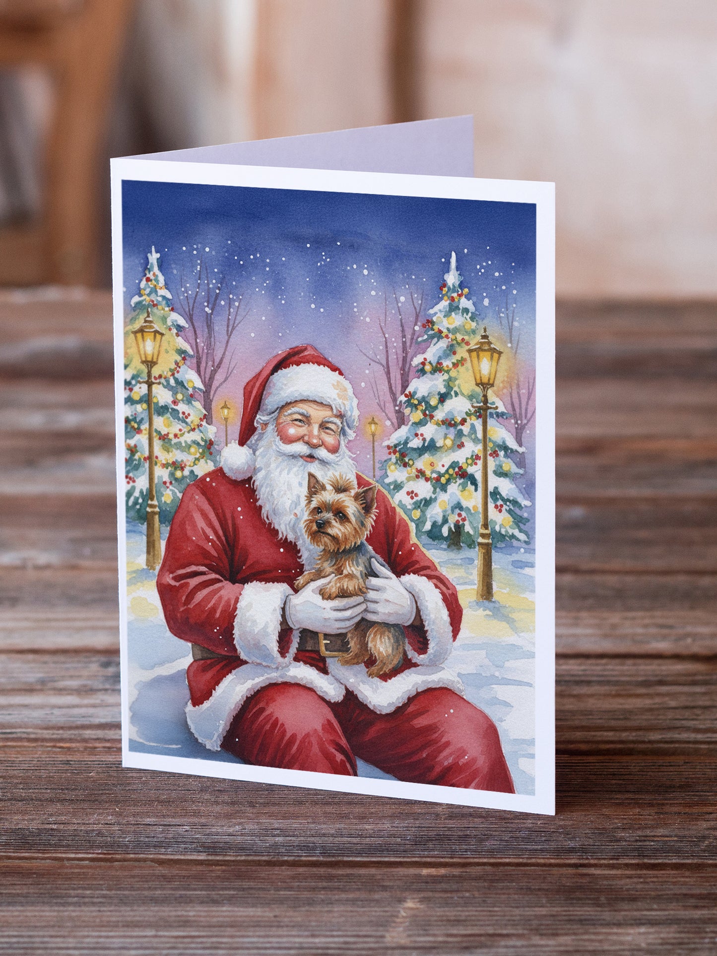 Yorkshire Terrier with Santa Claus Greeting Cards Pack of 8