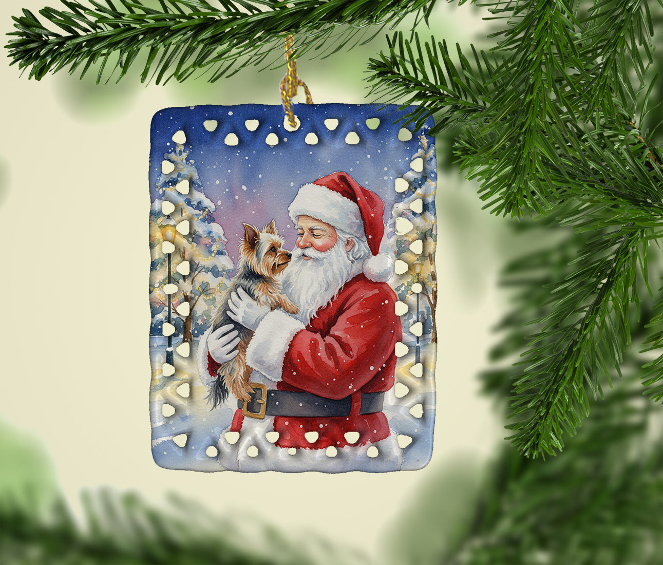 Yorkie with Santa Claus Porcelain Ornament