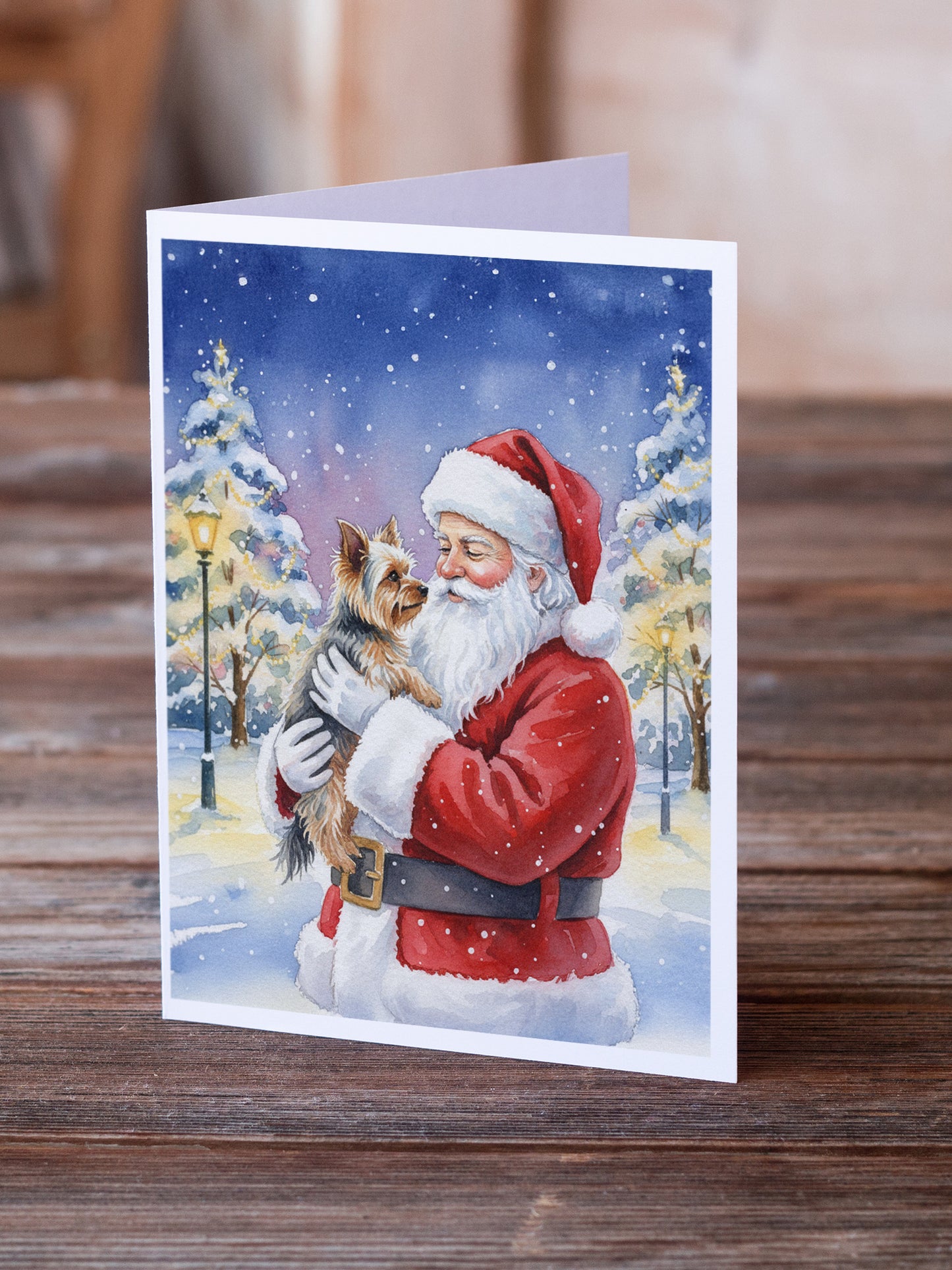 Yorkie with Santa Claus Greeting Cards Pack of 8