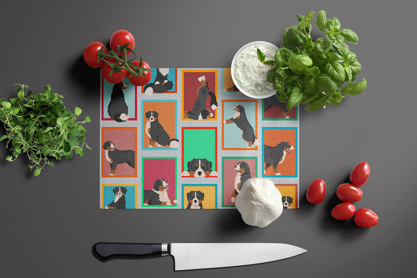 Lots of Bernese Mountain Dog Glass Cutting Board