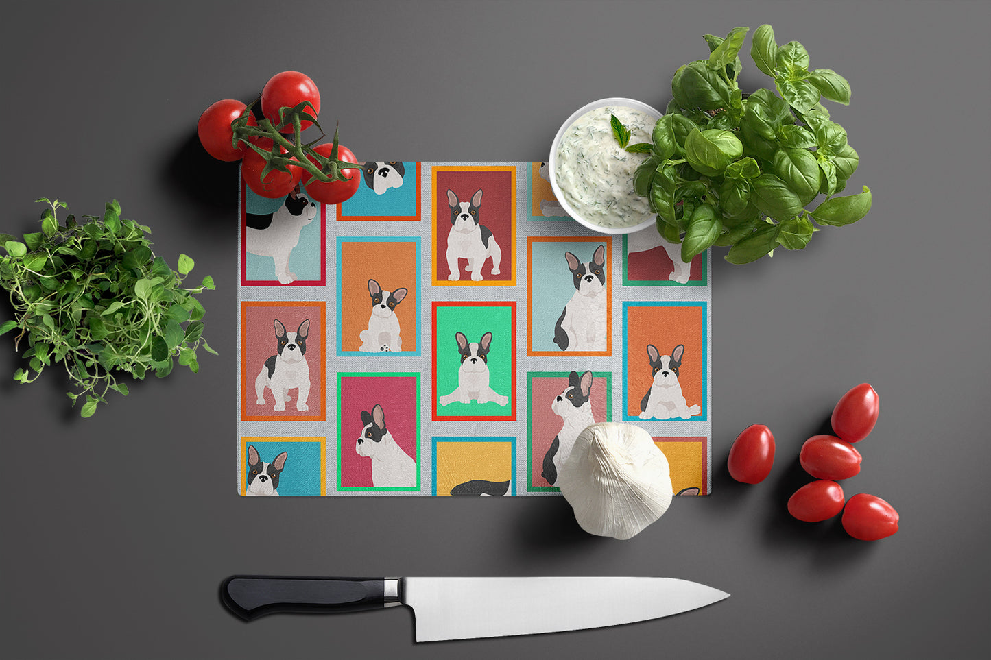 Lots of Black and White French Bulldog Glass Cutting Board