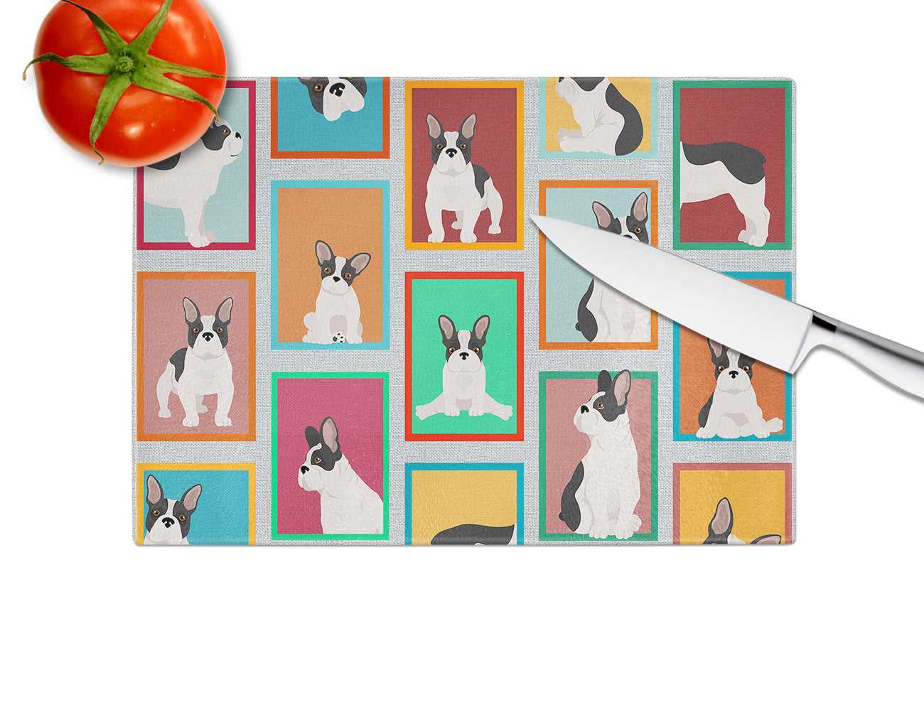 Lots of Black and White French Bulldog Glass Cutting Board