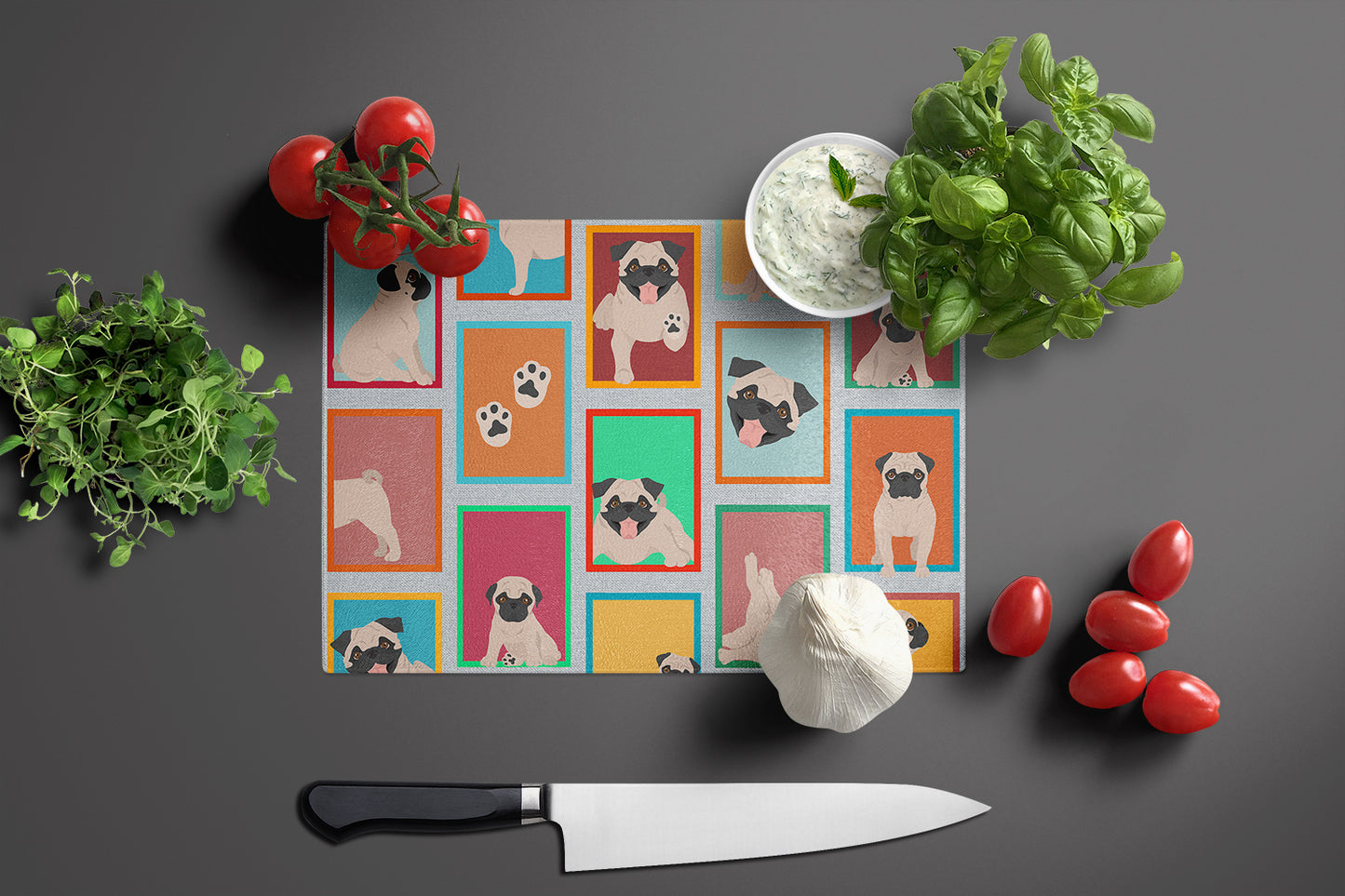 Lots of Fawn Pug Glass Cutting Board