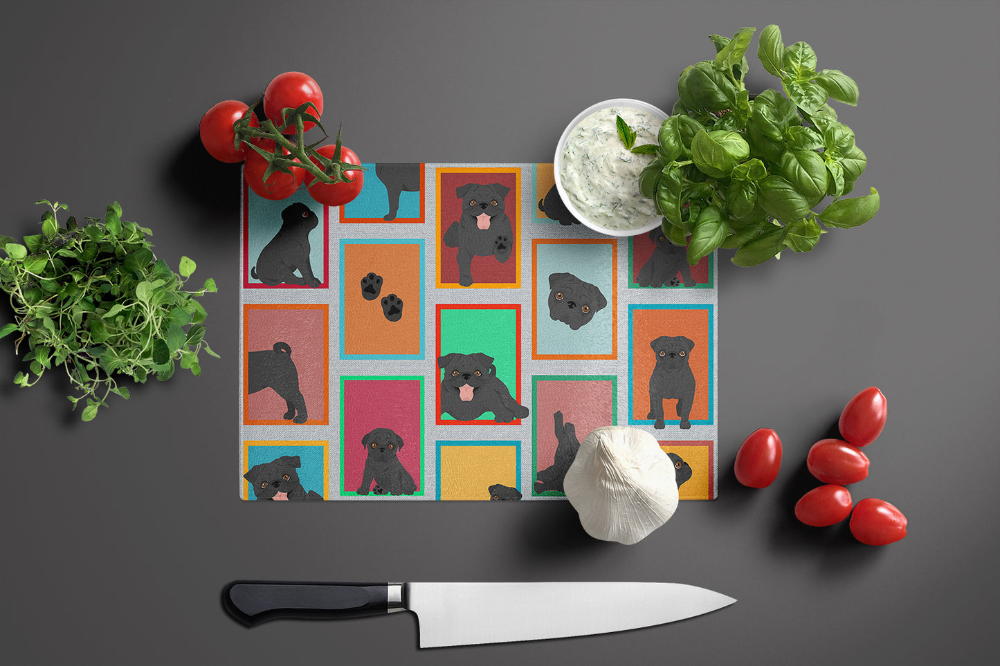 Lots of Black Pug Glass Cutting Board