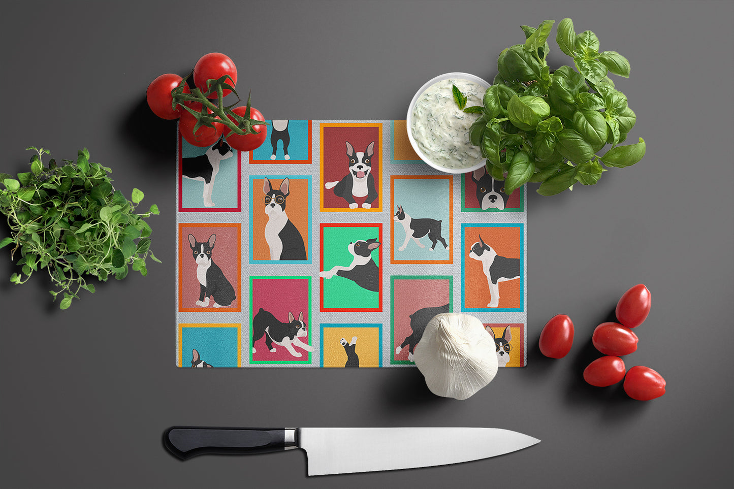 Lots of Boston Terrier Glass Cutting Board