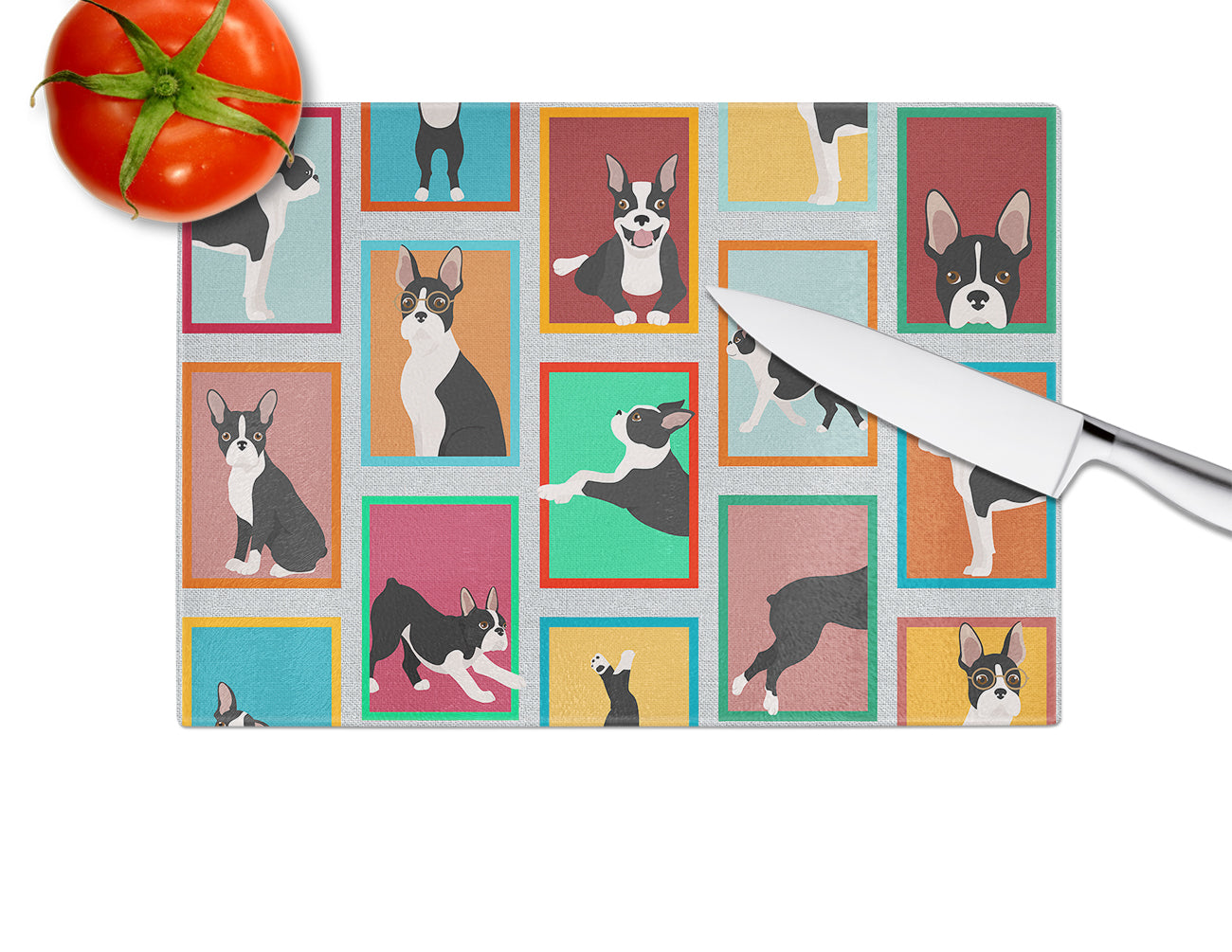 Lots of Boston Terrier Glass Cutting Board