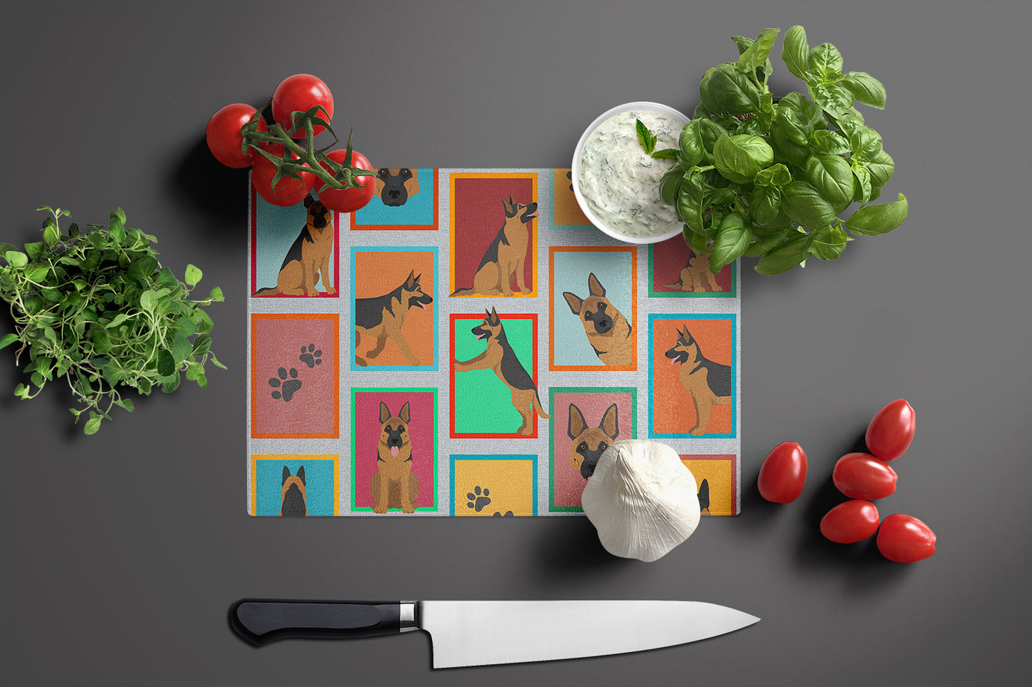 Lots of German Shepherd Glass Cutting Board