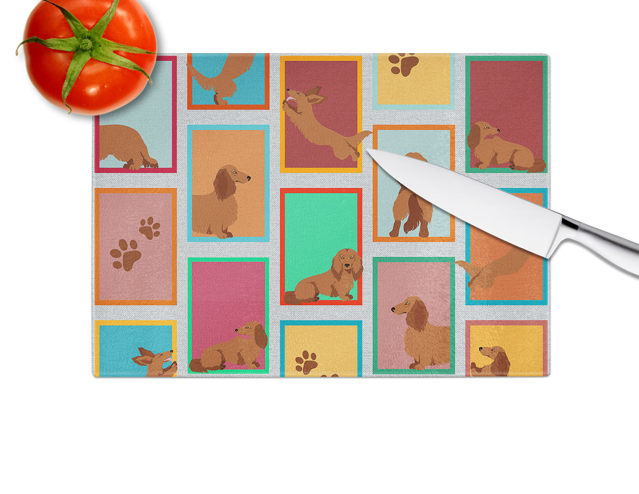 Lots of Longhaired Red Dachshund Glass Cutting Board