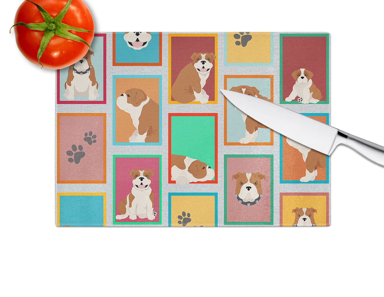 Lots of Red and White English Bulldog Glass Cutting Board