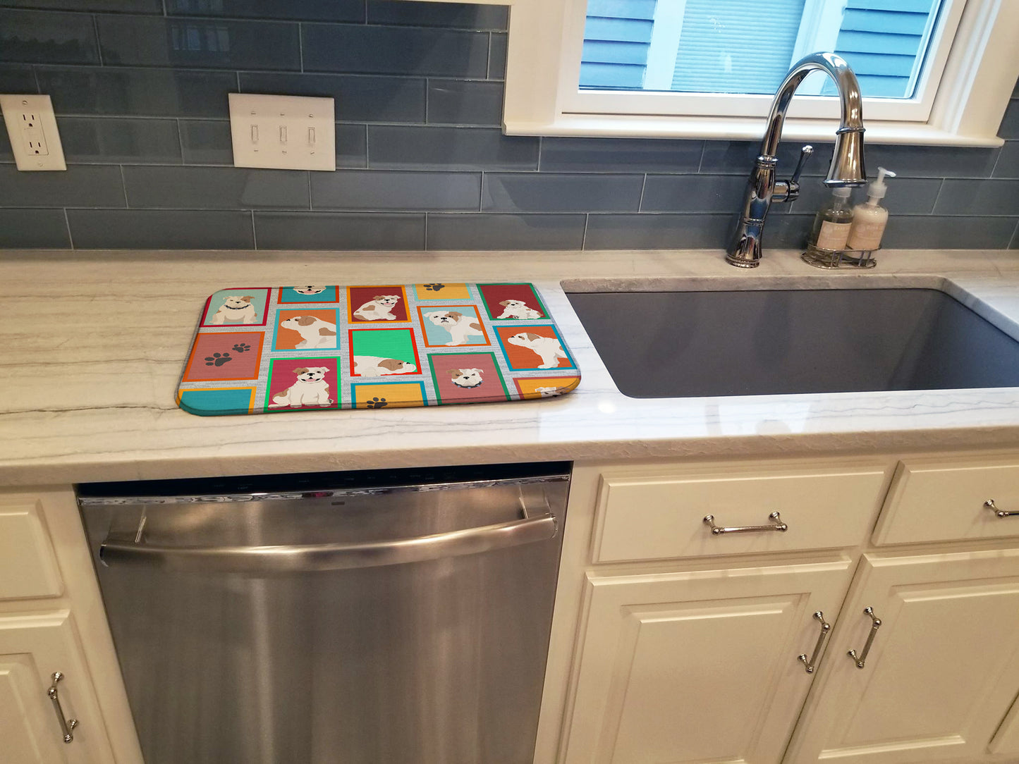Lots of Piebald English Bulldog Dish Drying Mat