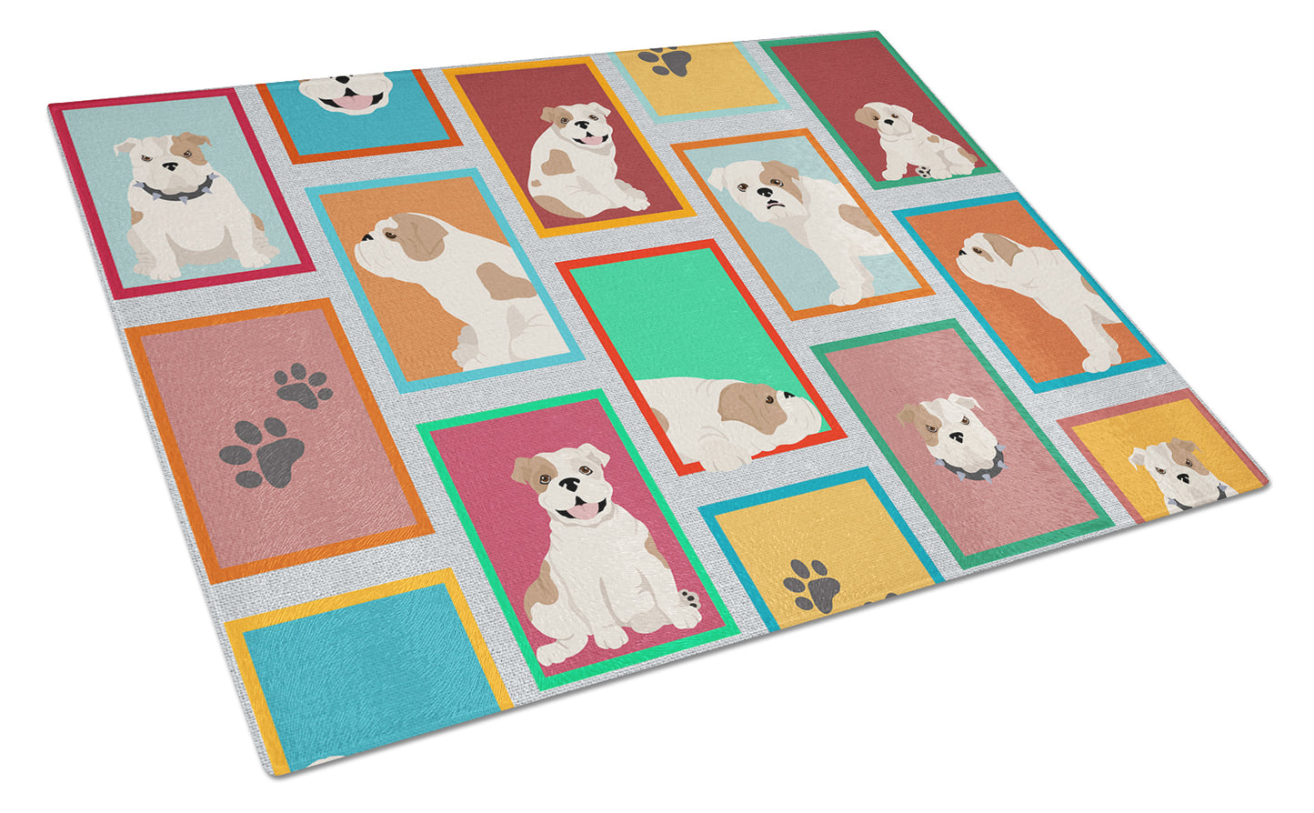 Buy this Lots of Piebald English Bulldog Glass Cutting Board