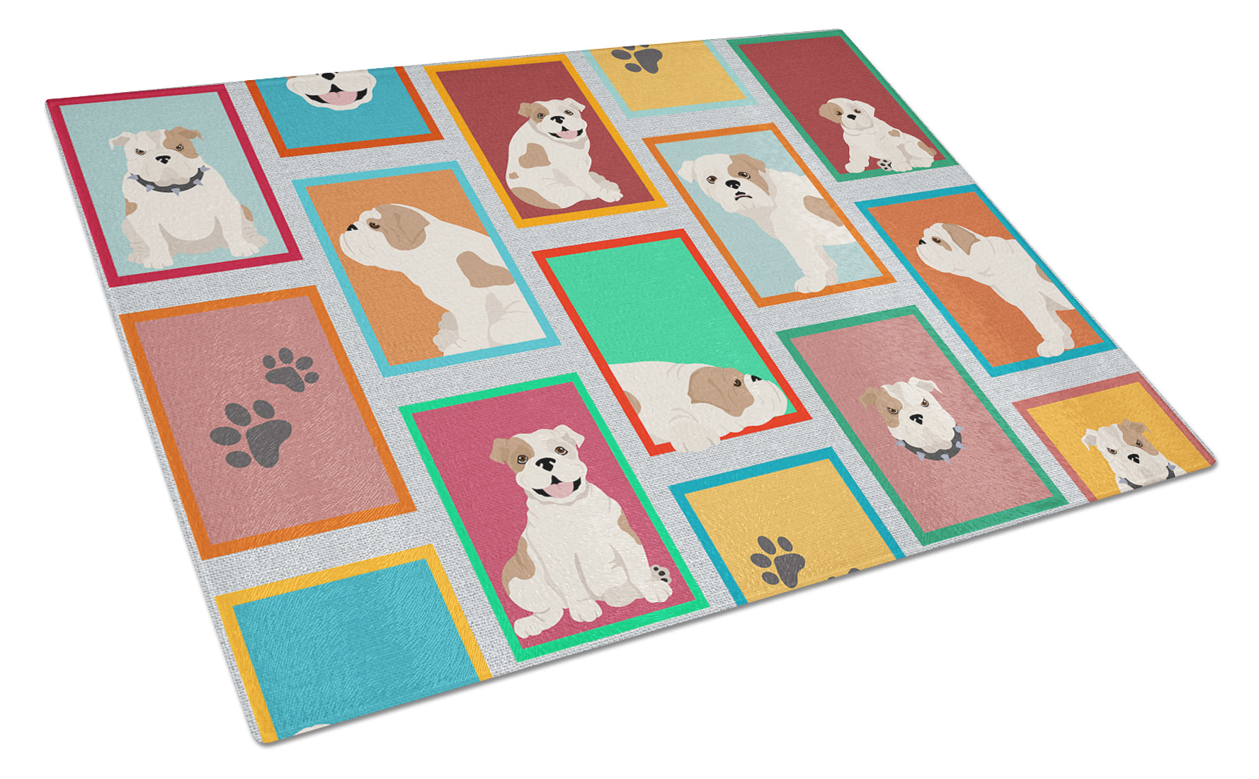 Buy this Lots of Piebald English Bulldog Glass Cutting Board