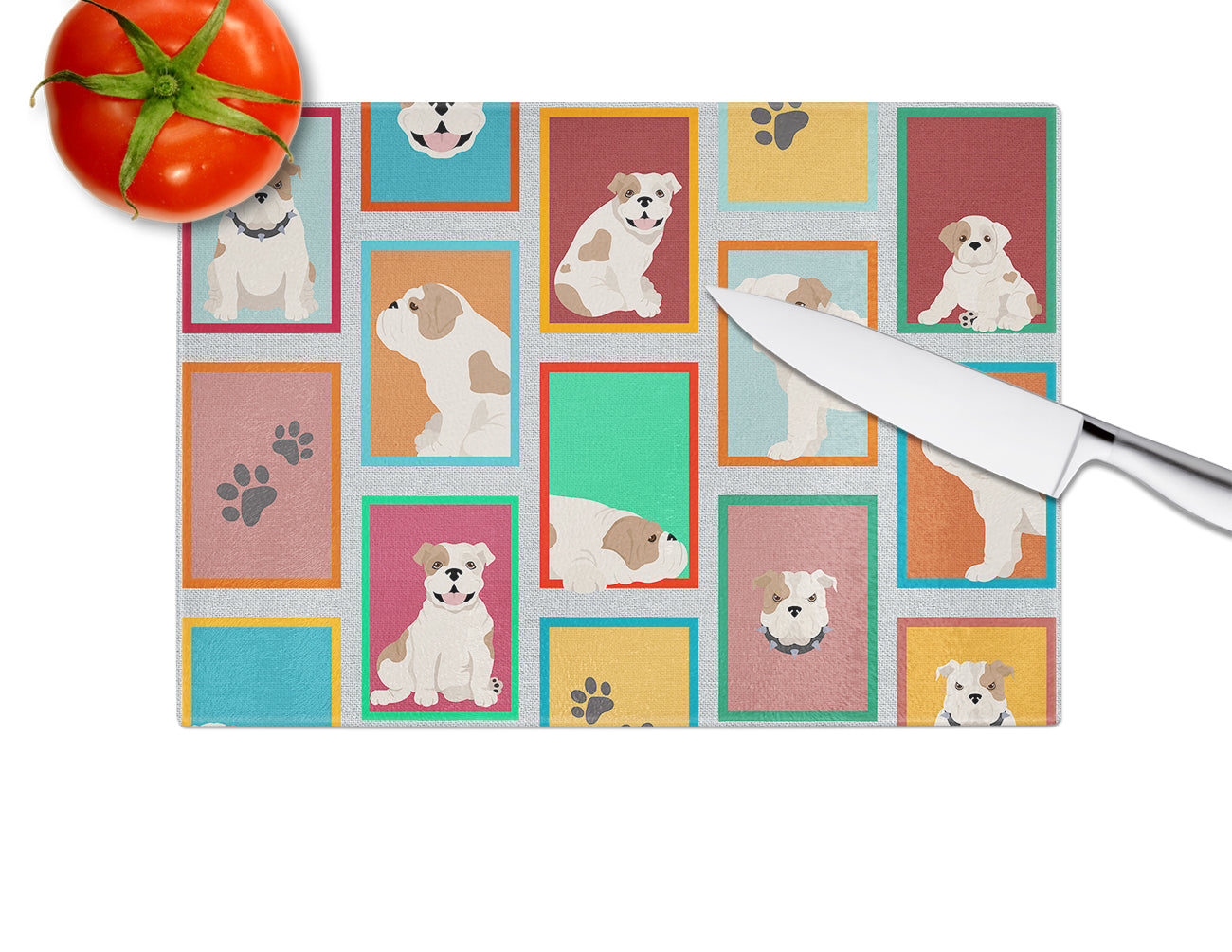 Lots of Piebald English Bulldog Glass Cutting Board