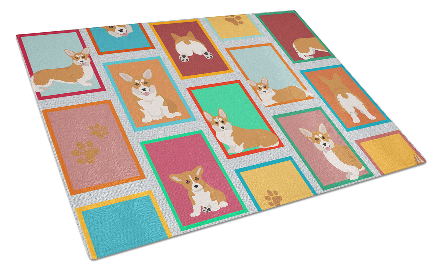 Buy this Lots of Red and White Pembroke Corgi Glass Cutting Board