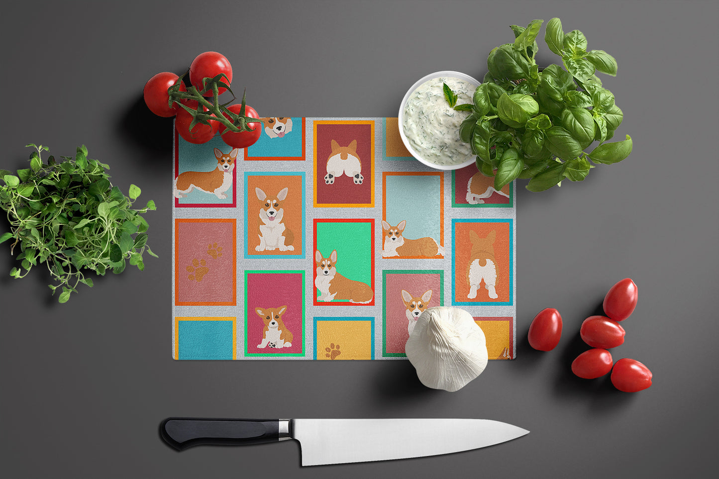 Lots of Red and White Pembroke Corgi Glass Cutting Board