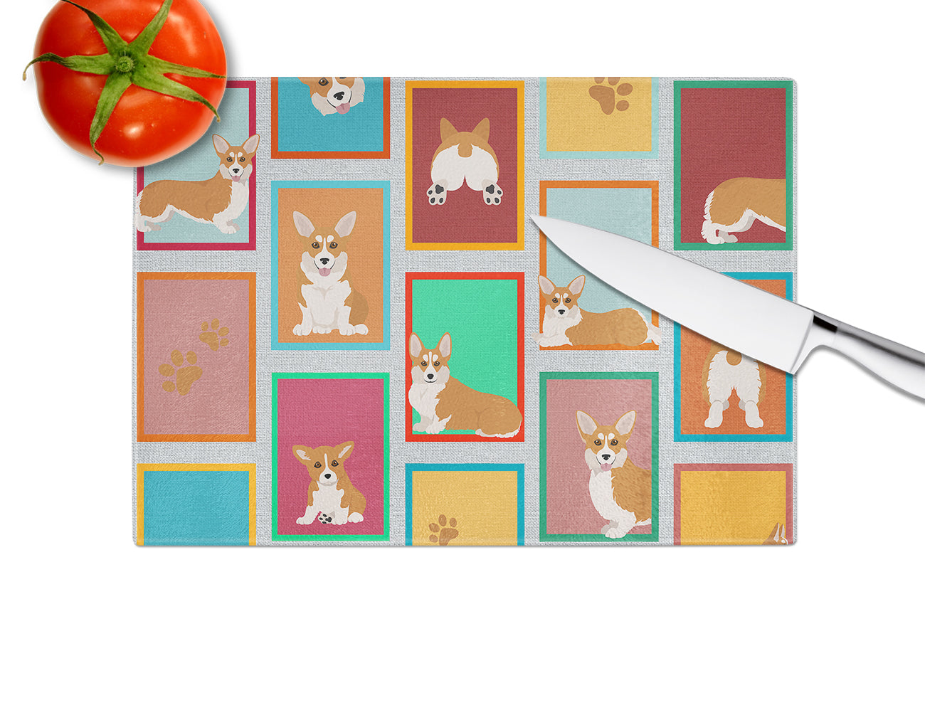 Lots of Red and White Pembroke Corgi Glass Cutting Board