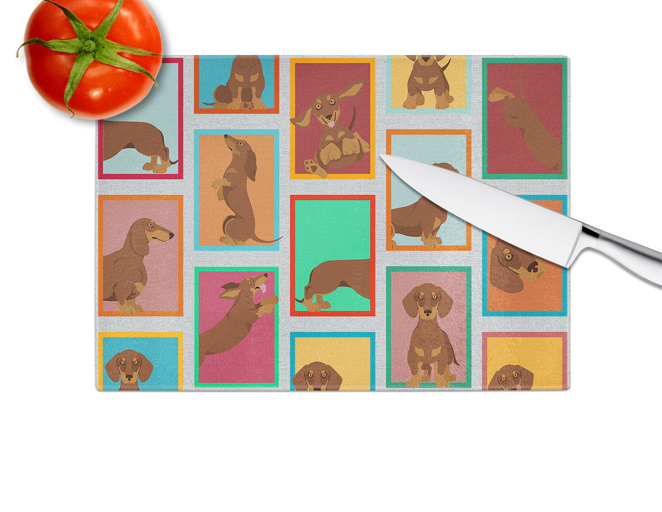 Lots of Chocolate and Tan Dachshund Glass Cutting Board