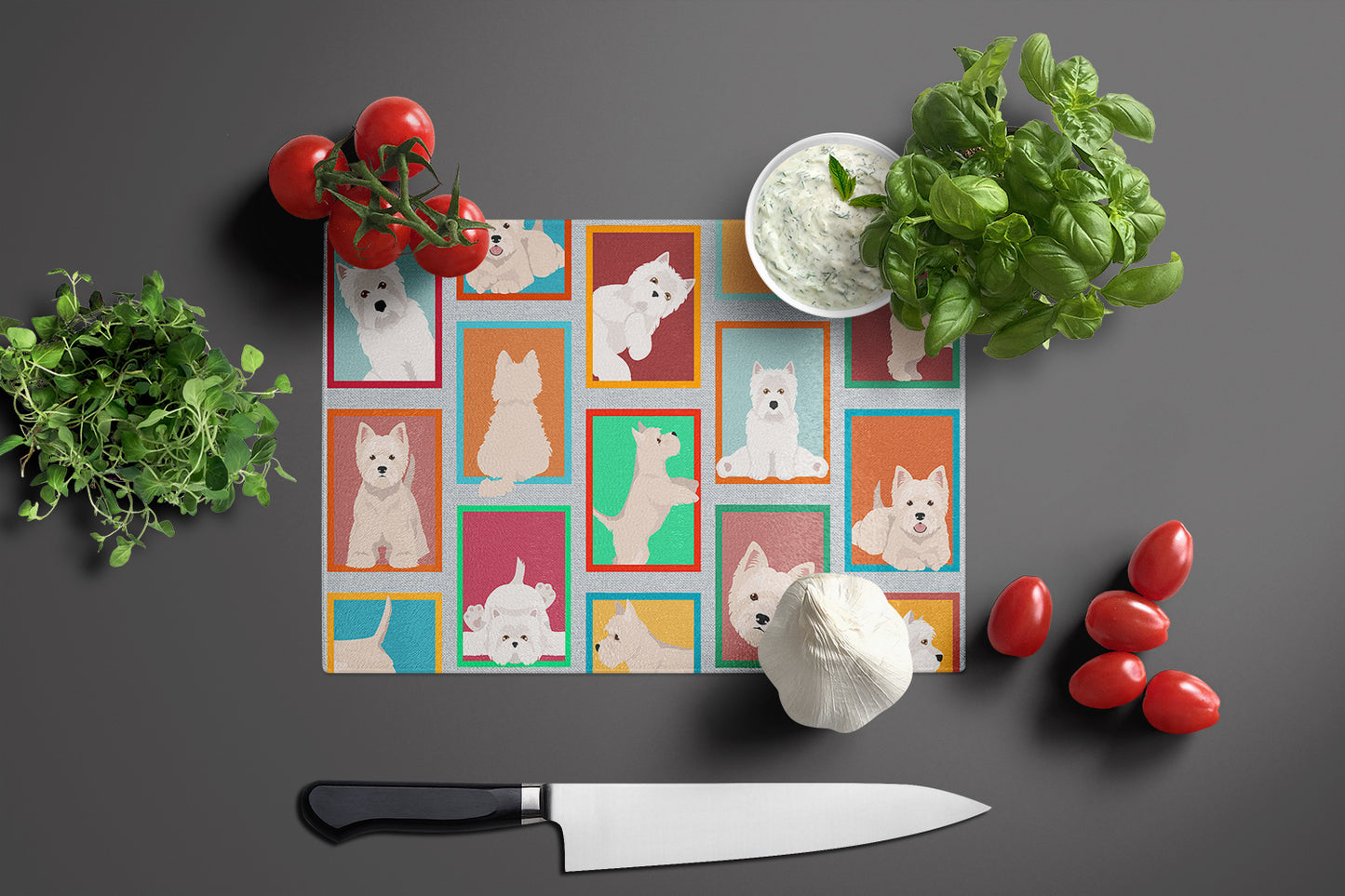 Lots of Westie Glass Cutting Board