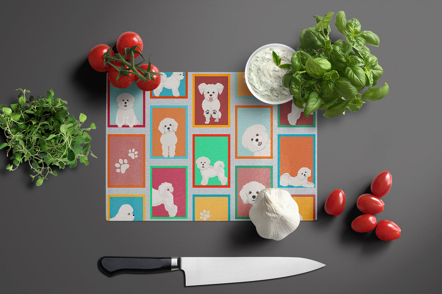 Lots of Bichon Frise Glass Cutting Board